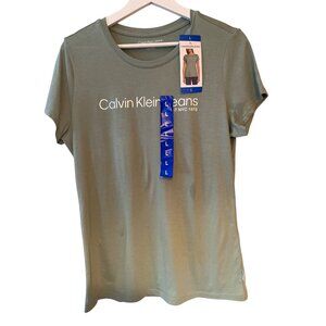 Calvin Klein Jeans Women's Sage Green Logo T-Shirt Large Performance Stretch